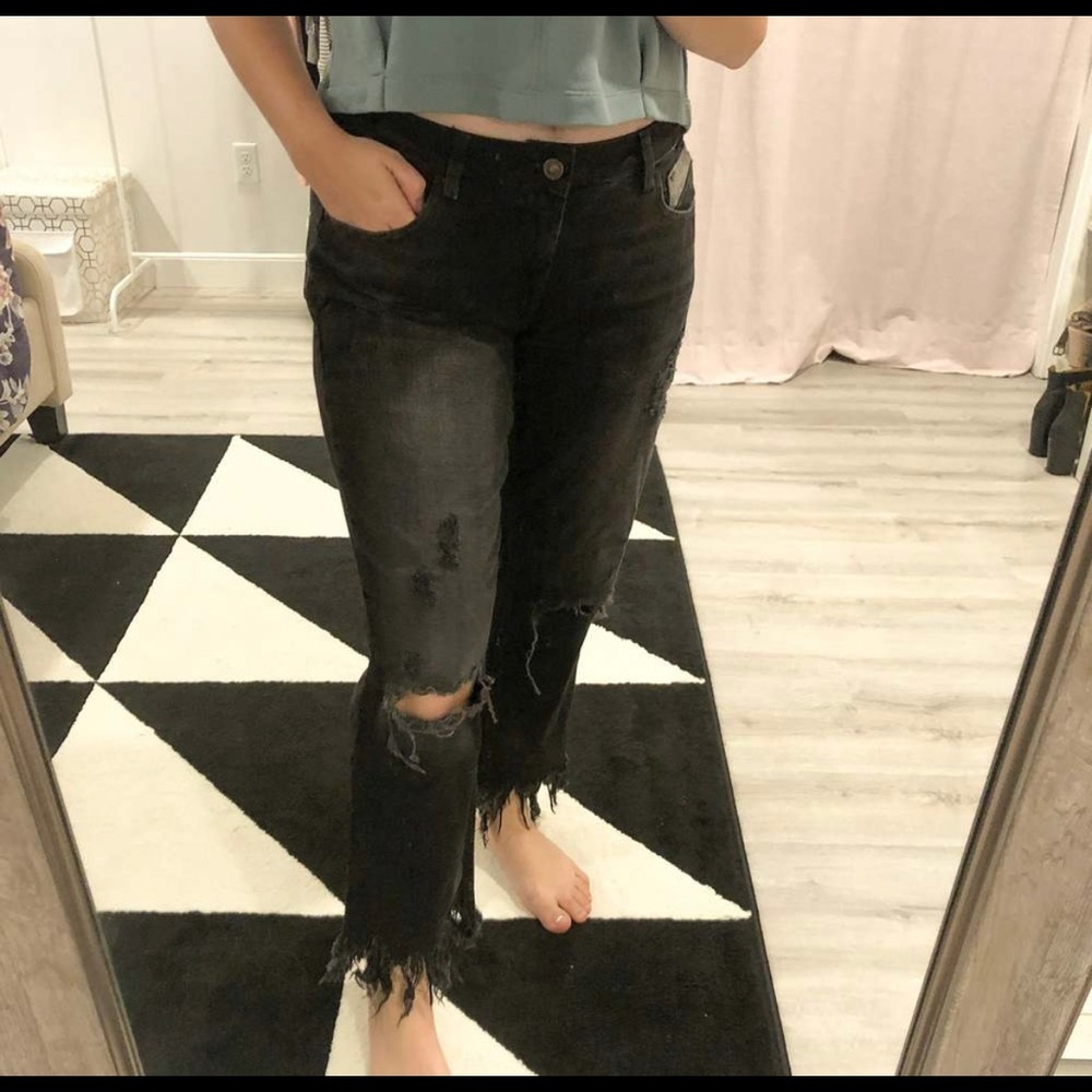 Zara Fringe Black Distressed Skinny Jeans Black Size 10